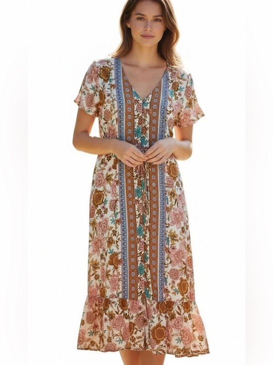 Matilda Jane Dresses & Skirts - Matilda Jane Just For a Moment Floral V-Neck Midi Dress in Pink, Brown and Teal